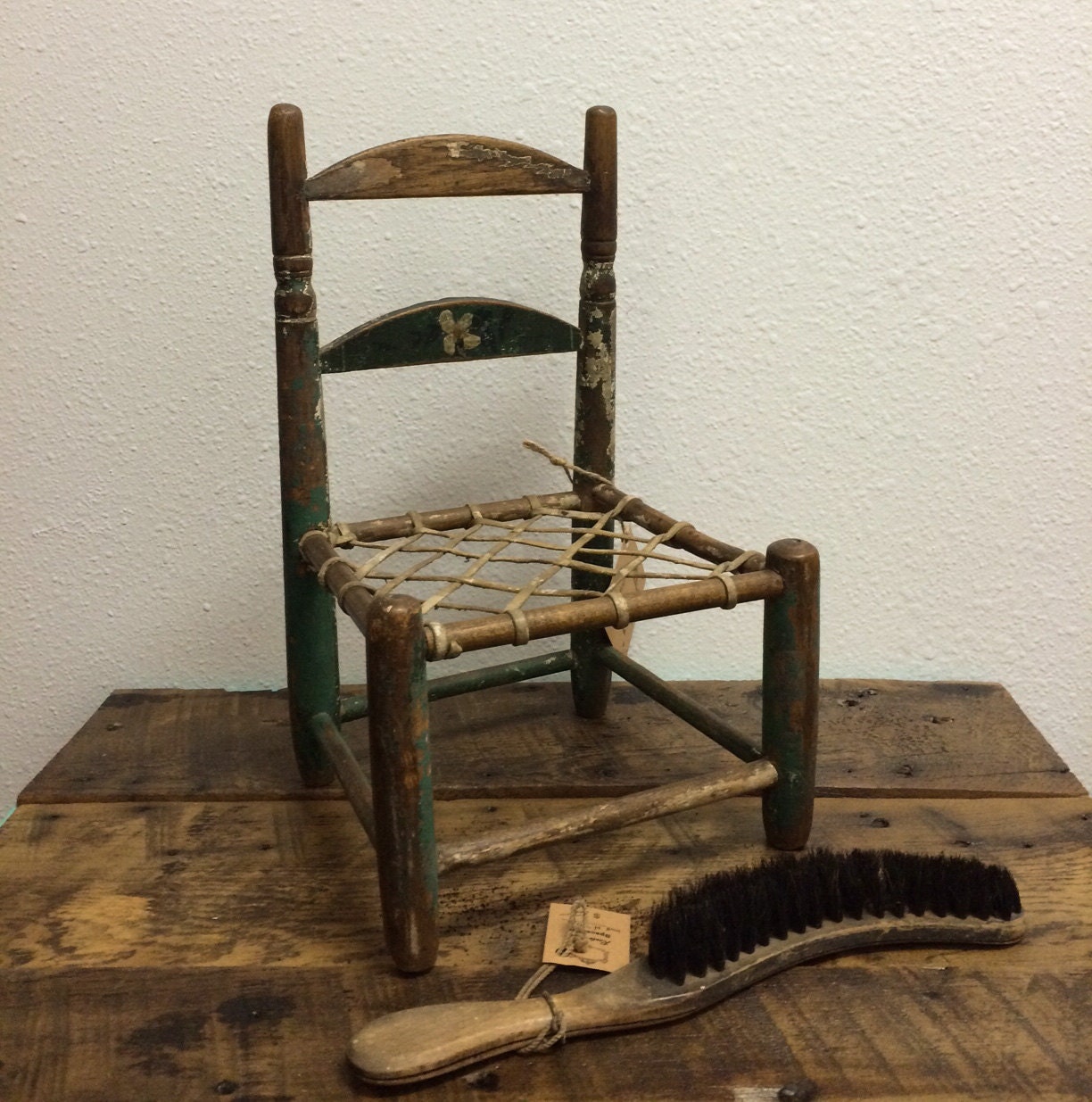 Vintage Doll Chair wooden with woven leather strap seat ...