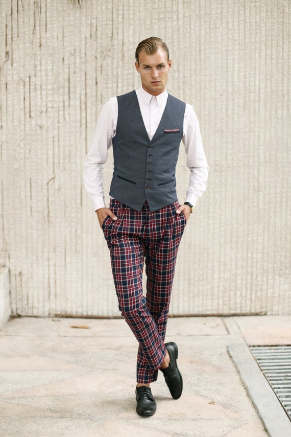 Mens checkered wool PANTS Mens tailored trousers Trousers with