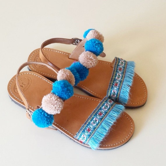 Bohemian Mommy and Me Finge Leather Sandals Pompom by GlowHandmade