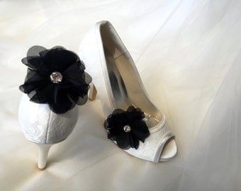 Evening Shoes-Black Shoes Clip-Bridal Shoes Clip-Wedding Shoes Clip-Shoes Clip-Rhinestone Shoes Clip-Black Flower Rhinestone Shoes Clip
