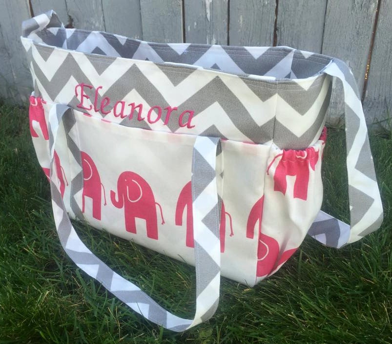 Large Diaper Bag/ Pink Elephant and Grey by SewSweetBabyDesigns