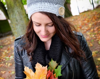Hand knitted hat, Grey Crocheted Hat, Hand Crochet Women Beanie with flowers, Grey beanie with big button