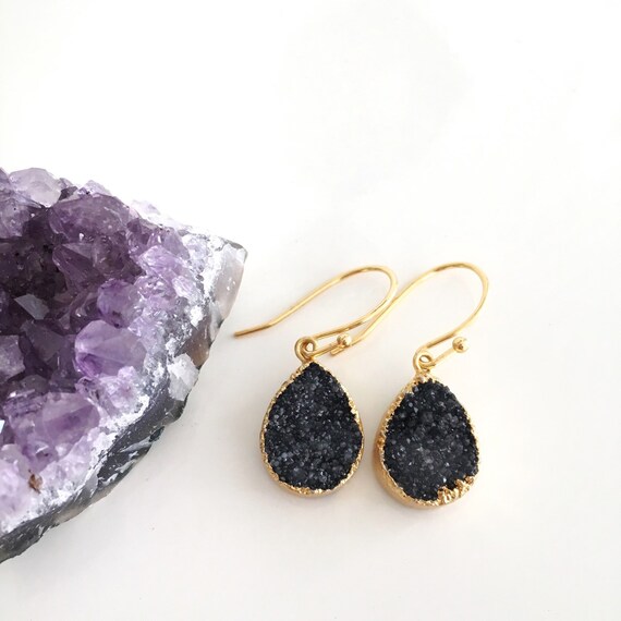 Black Druzy Earrings // Dangle Earrings by AlexandraGioia on Etsy