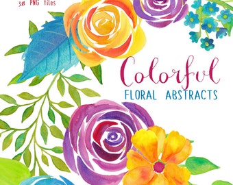 watercolor flower clipart, roses watercolor blue red yellow, florals clip art, flowers for invites handpainted, watercolor wedding graphics