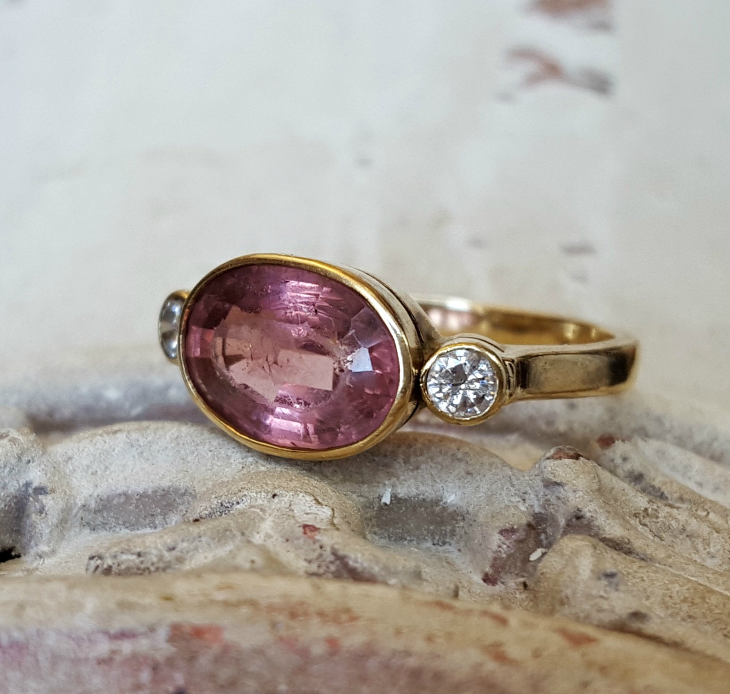 Vintage Antique Pink Tourmaline and Diamond Ring in 14k Yellow