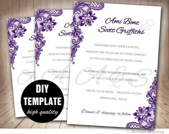 Lace Purple Wedding Invitation DIY,Aubergine Wedding Invitation Template,Elegant Invitation Wedding Template,Purple Wedding Invite
