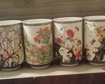 Set of 6 Japanese Saki Juice Cups Flowers of the Orient Poppies Lotus Cherry Blossom Garden Florals