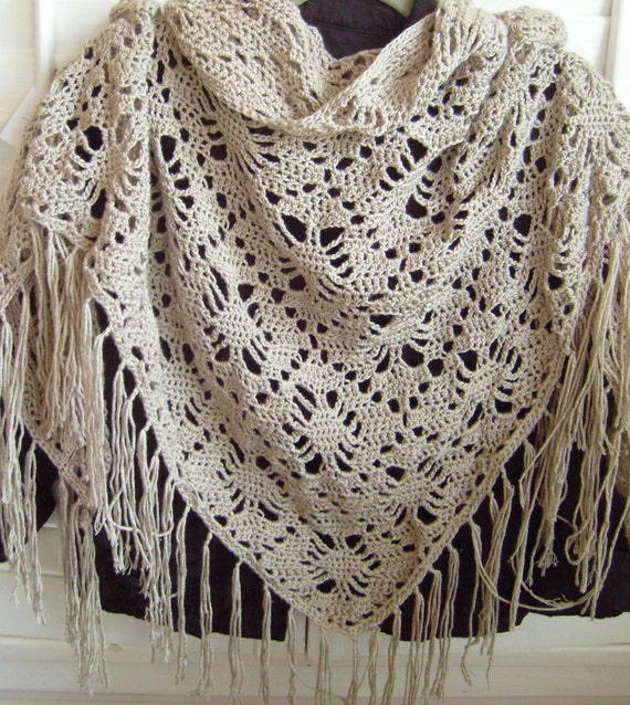 Crochet shawl fringe/spiderweb motif/taupe shawl fringe/boho