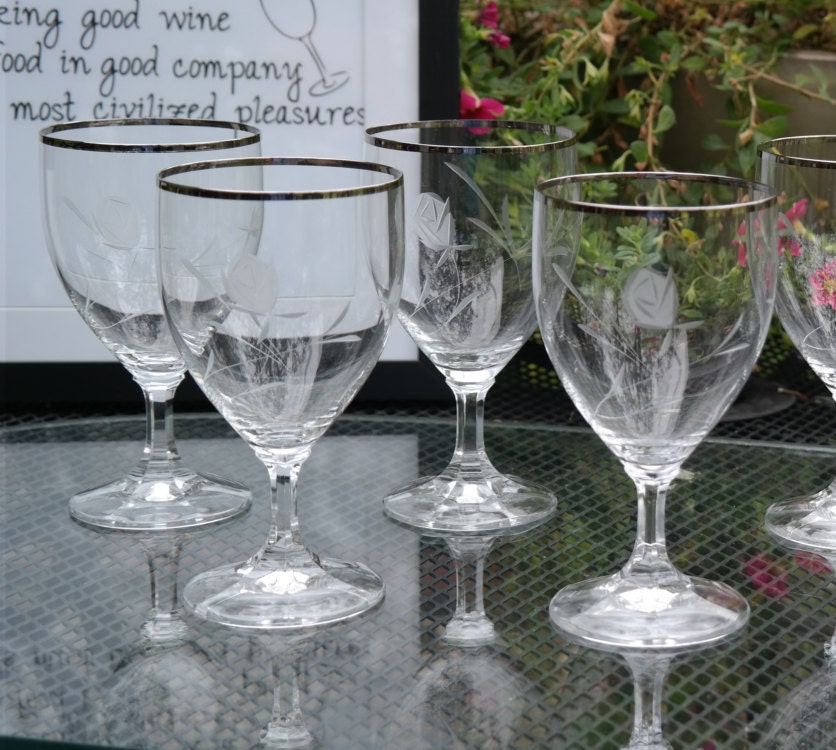 Vintage Platinum Rim CRYSTAL Etched Wine Glasses, Set of 7, Vintage