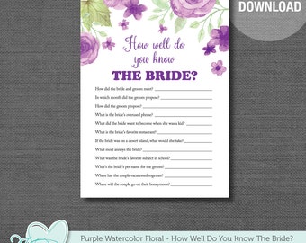 Bridal Shower How Well Do You Know The Bride Game, Purple Watercolor Floral, Printable, Instant Download, Bridal Shower Game, Flowers, 007A