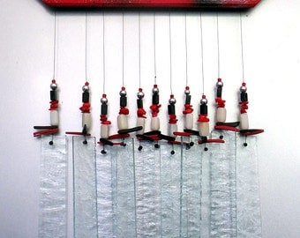 Stained Glass Windchime - Black and White Windchime - Ruby Red - Silver, R1001