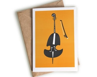 Double Bass Music Card, A6 Size, Art, Musician Gift, Loves Music, String Instruments Art, Black and Orange, Orchestral Theme, Music Lovers