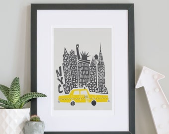 New York City Print, NYC, City Skyline, Celebrations, Retro Decor Ideas, Yellow Cab Poster, Architecture, Buildings, Statue Of Liberty