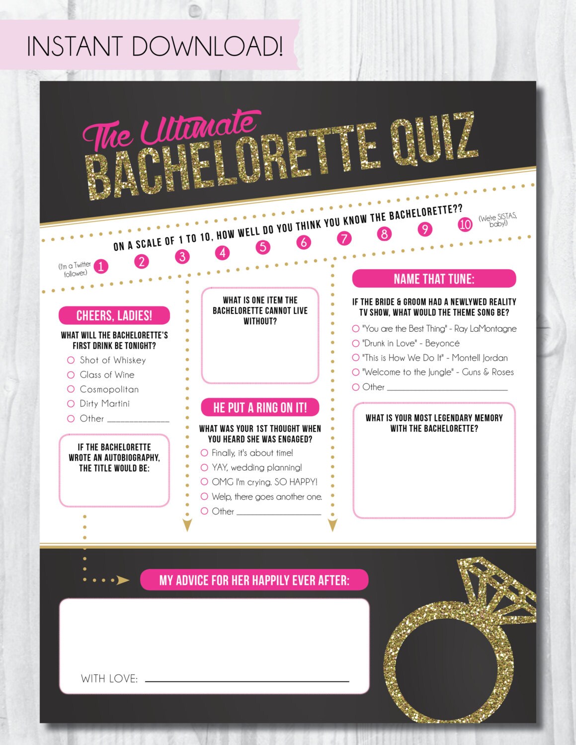 Bachelorette Party Quiz INSTANT DOWNLOAD Printable