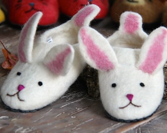 Handmade children's bunny slippers made from merino wool