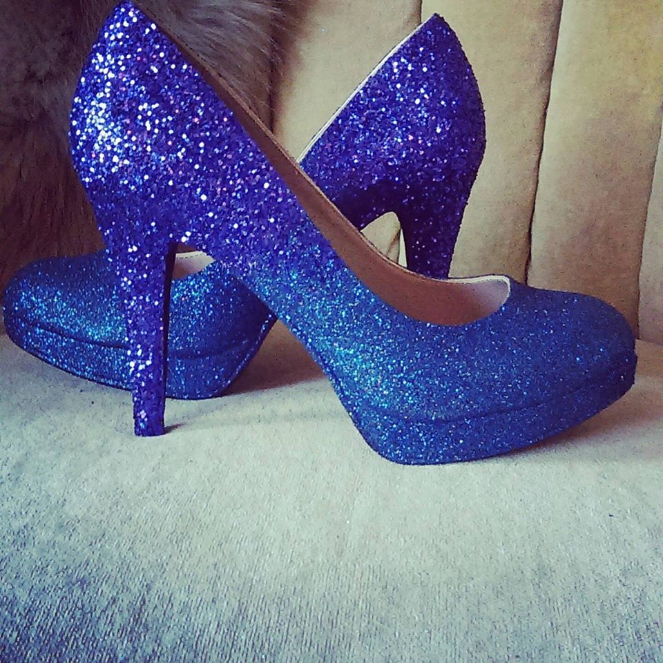 Glitter high heels. Ombre purple and dark blue. Bridal shoes.