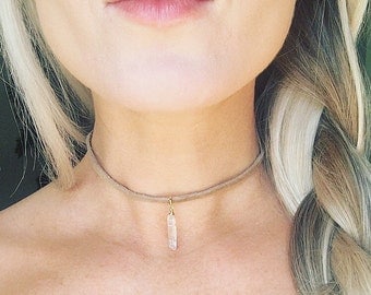 Crystal Quartz Choker, Small Quartz Choker, Tan Leather Choker, Crystal Choker, Tan Choker, Boho Leather Choker, Healing Crystal Necklace