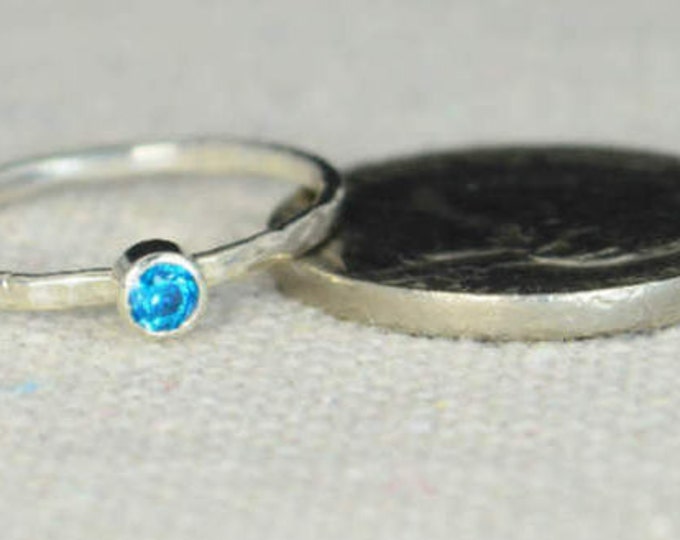 Classic Sterling Silver Blue Zircon Ring, 3mm Silver solitaire, Blue Ring, Silver jewelry, December Birthstone, Mothers RIng, Silver band