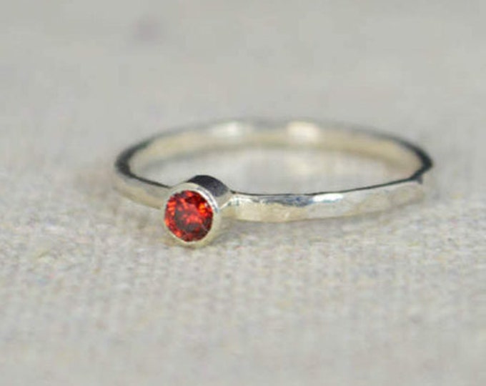 Classic Sterling Silver Garnet Ring, 3mm Silver Solitaire, Red Ring, Silver Jewelry, January Birthstone, Mothers Ring, Silver Band