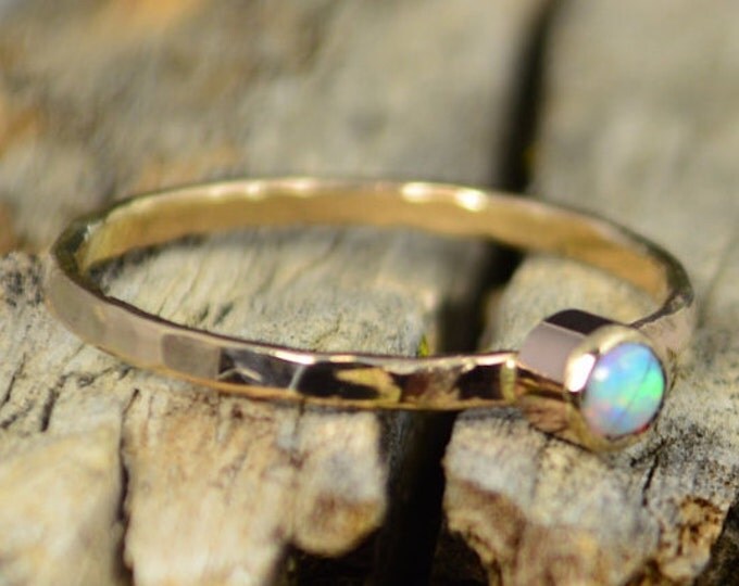 Classic Solid 14k Gold Opal Ring, 3mm Gold Solitaire, October's Birthstone, 14k Gold, Solitiare, Mothers Ring, Solid Gold Band, Gold