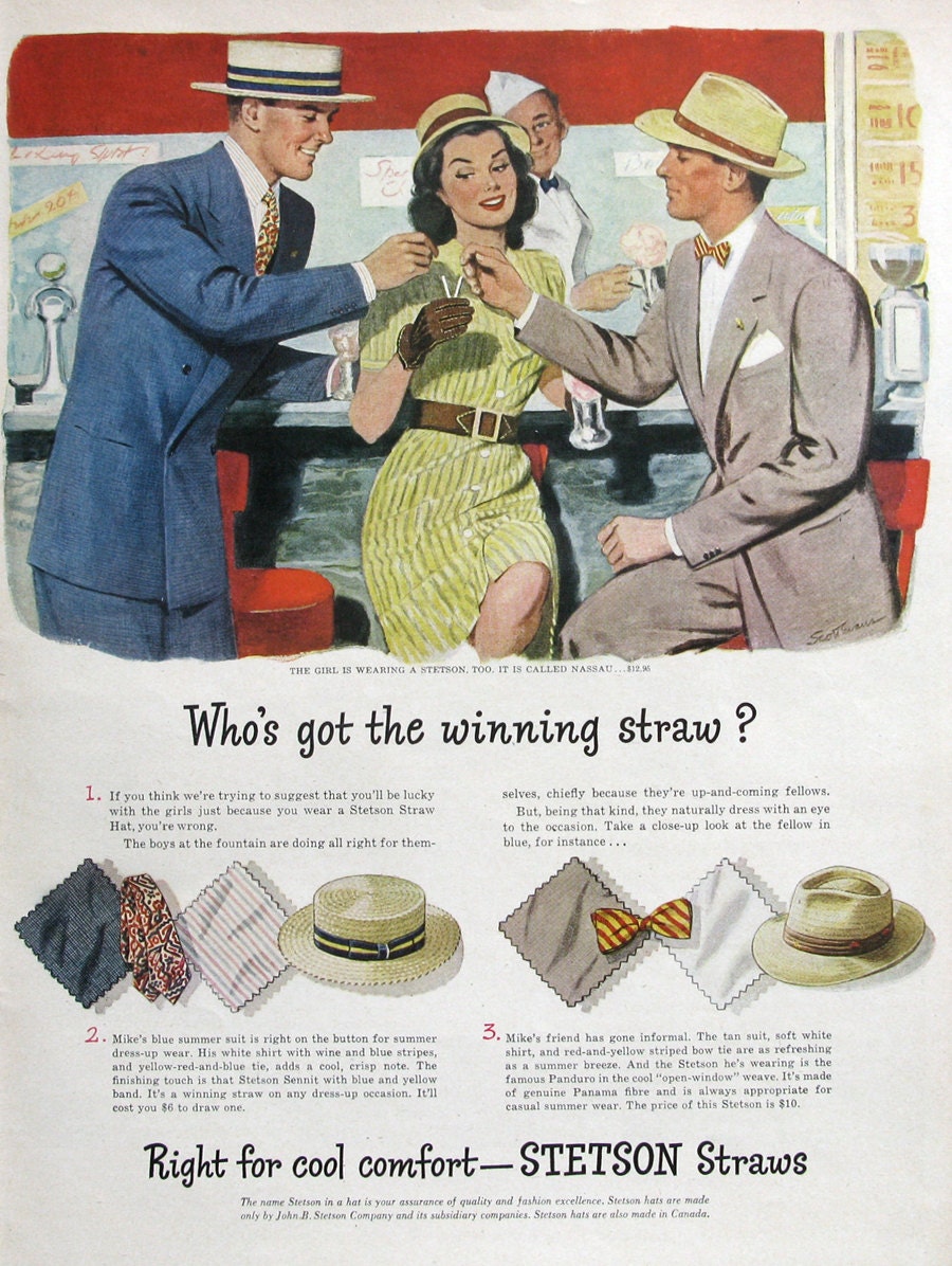 1946 Stetson Hat Ad Who's Got the Winning Straw Retro