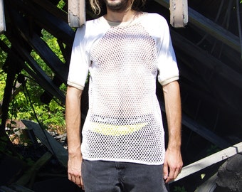80's basketball net mesh yellow ringer white t-shirt size adult extra large