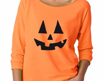 Pumpkin Sweatshirt. Super Soft & Comfy, Raw Edge, Boat Neck, Terry Sweatshirt w 3/4 length sleeves. Women's Halloween Shirt.