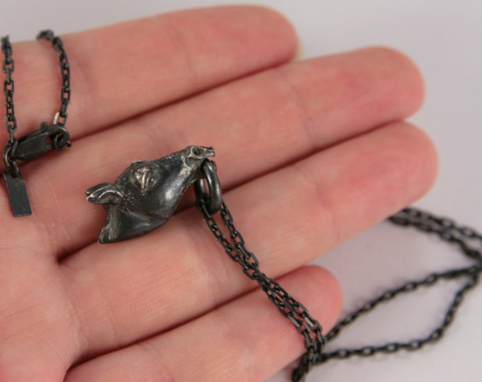 Men Jewelry Gift Black Sterling Silver Horse Head Pendant Necklace Hallmark for British Silver 925