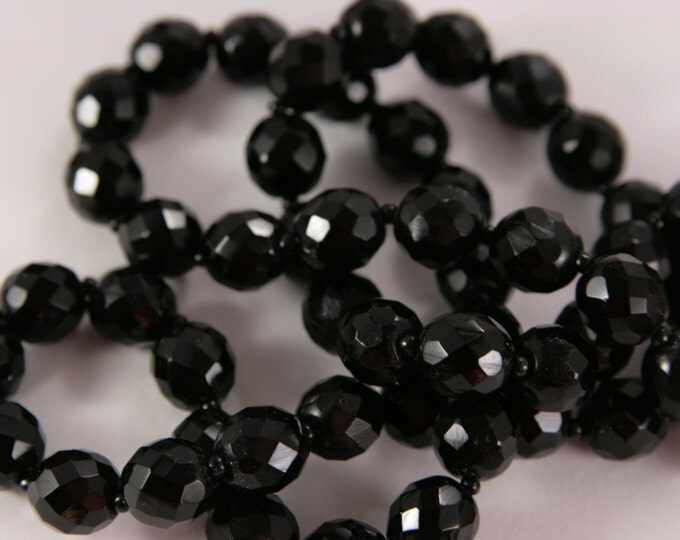 Long Black Necklace Beads Vintage French Jet, Art Deco, Black Glass, Graduated Faceted Beads