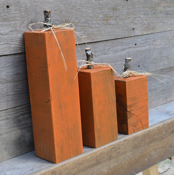 Rustic Fall Decor Orange Wooden Pumpkins Handmade Reclaimed Barn Wood Block Set Country Thanksgiving Autumn Primitive