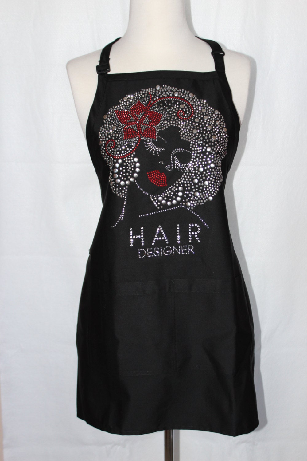 Rhinestone Women Hair Designer Black Apron