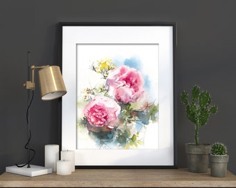 Items similar to Watercolor Painting Print, Peonies and Boots - Home ...