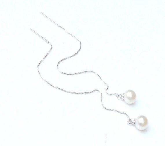 Freshwater Pearl Threader Earrings Silver Real by BabelfishJewelry