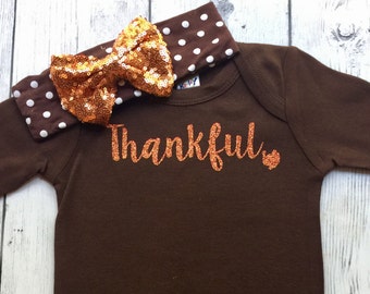 Baby Girl Thanksgiving Outfit, 1st Thanksgiving Outfit, Thankful Thannksgiving Outfit, Brown Thanksgiving Set, Girls Thanksgiving Outfit Set