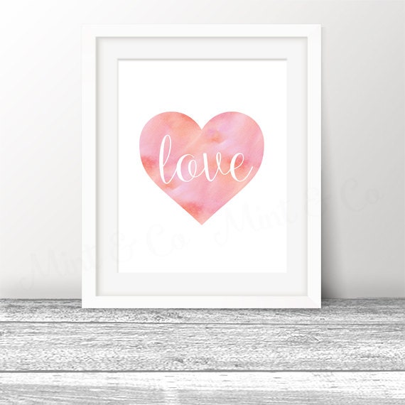 Valentines Heart Wall Art Print Pink Watercolor Heart Wall