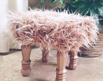 Rosy Metallic Rose Gold Faux Fur Stool, Metallic Rose Gold Wood Legs, Foot Stool Accent Piece, Regency Modern Foot Stool