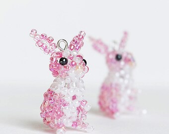 Easter Bunny Earrings, Rabbit Earrings, Beaded Rabbit Dangle Earrings, Beaded Animal Earrings, Easter Jewelry, Pink bunny, Rabbit E#017
