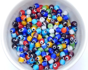 Evil Eye Beads, 6mm, 40pcs, Multicolor, Lampwork, Evil Eye, Amulet Beads, Destash