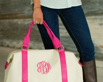 ON SALE Monogrammed Canvas Weekender Bag, Monogrammed Duffel Bag, Pink Canvas Tote, Bridesmaids Gift, Canvas Bag, Monogrammed Gifts