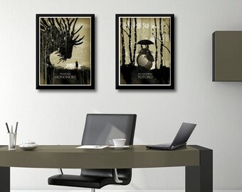 My NeighborTotoro & Princess Mononoke Art Poster Set, Hayao Miyazaki inspired duo poster, Music and Movie art poster, Anime print set
