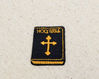 Holy Bible with Cross - Black and Yellow Gold - Iron on Applique - Embroidered Patch - 695646A