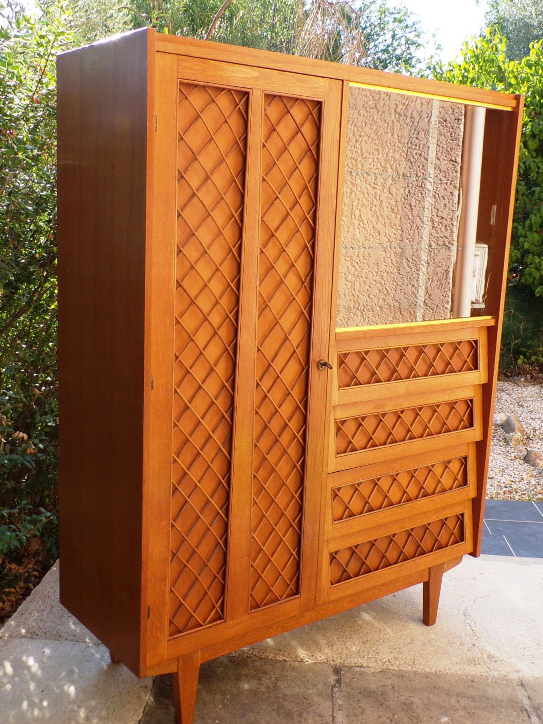 wardrobe dresser 4 drawers with alcove glass vintage rattan and