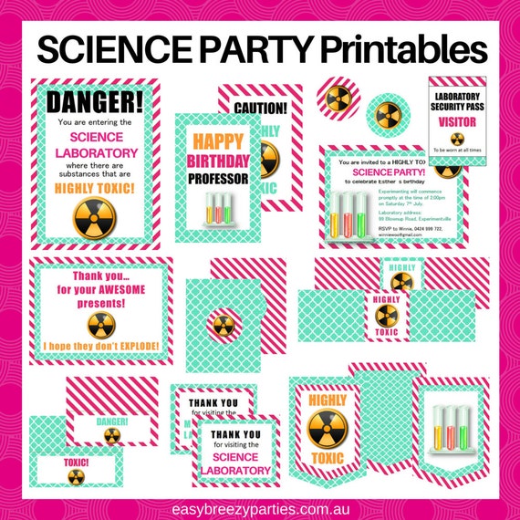PINK Science Party DELUXE Printable Pack Invitations Signs