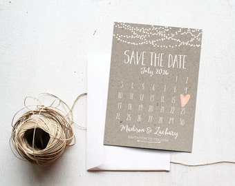 Save the Date Card, Calendar Printable, Simple Wedding Announcement, Kraft Paper, Rustic, Custom Colors, White Neutral Classy