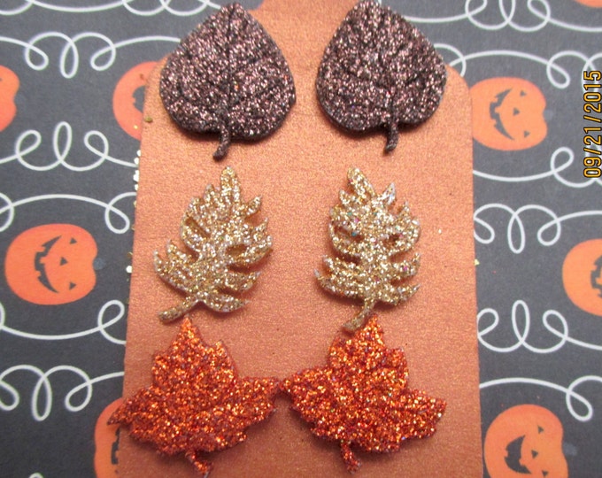 3-Leaf earrings-glittery Leaf studs-Fall jewelry-autumn jewelry-Maple & oak leaves-Nickel free-womens jewelry set-Thanksgiving-teacher gifts