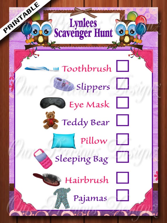 sleepover scavenger hunt game printable by ourpreciousdesignz