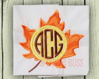 Monogram Leaf Digital Applique Design - Fall - Autumn - Machine Embroidery - Thanksgiving Embroidery Design - Circle Monogram - Download