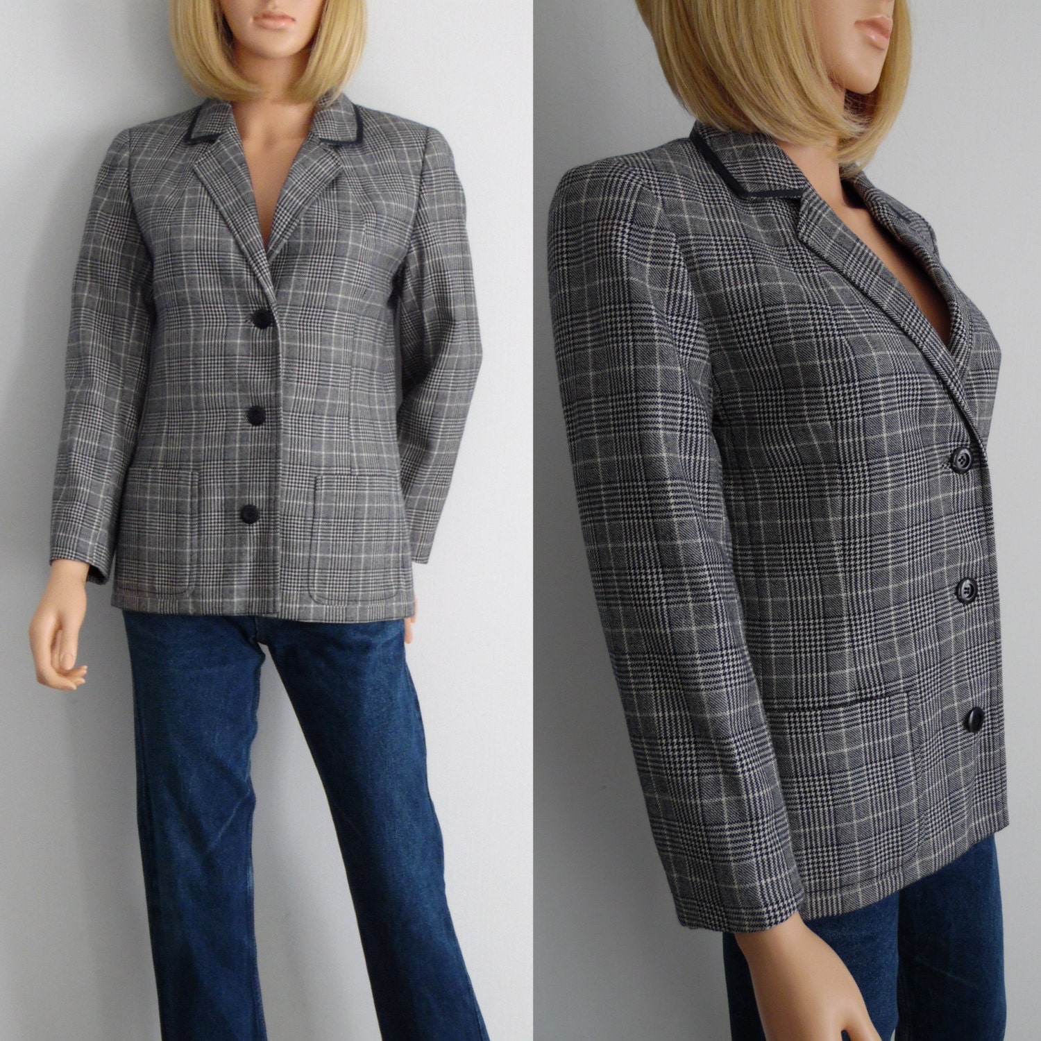 Plaid check blazer jacket navy blue houndstooth tweed french