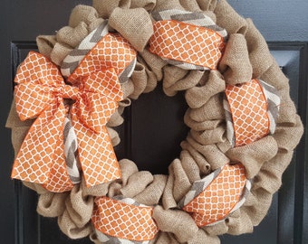 Front Door Wreath, Burlap Wreath, Spring Wreath, Fall Burlap Wreath, Natural and Grey and White Chevron Burlap-Orange Quatrefoil Bow