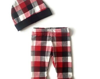 Buffalo plaid baby legging set, baby boy leggings, baby boy clothes, trendy baby boy, boy pant and hat set, legging and beanie, baby gift